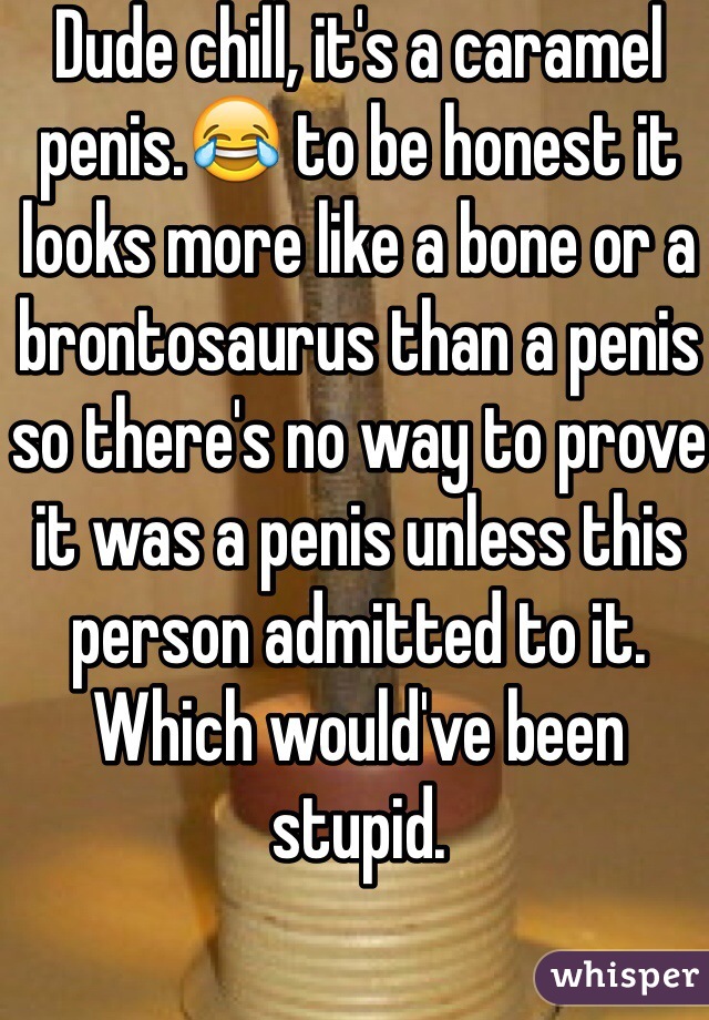 Dude chill, it's a caramel penis.😂 to be honest it looks more like a bone or a brontosaurus than a penis so there's no way to prove it was a penis unless this person admitted to it. Which would've been stupid.