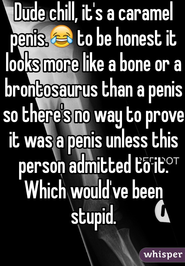 Dude chill, it's a caramel penis.😂 to be honest it looks more like a bone or a brontosaurus than a penis so there's no way to prove it was a penis unless this person admitted to it. Which would've been stupid.