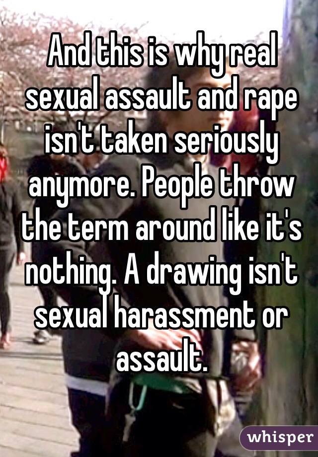 And this is why real sexual assault and rape isn't taken seriously anymore. People throw the term around like it's nothing. A drawing isn't sexual harassment or assault.
