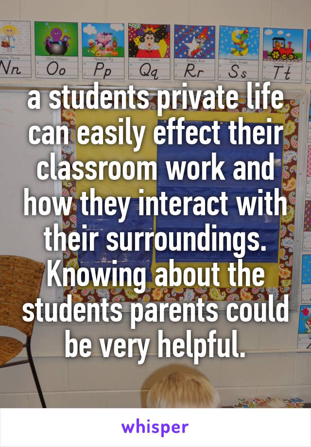 a students private life can easily effect their classroom work and how they interact with their surroundings. Knowing about the students parents could be very helpful.