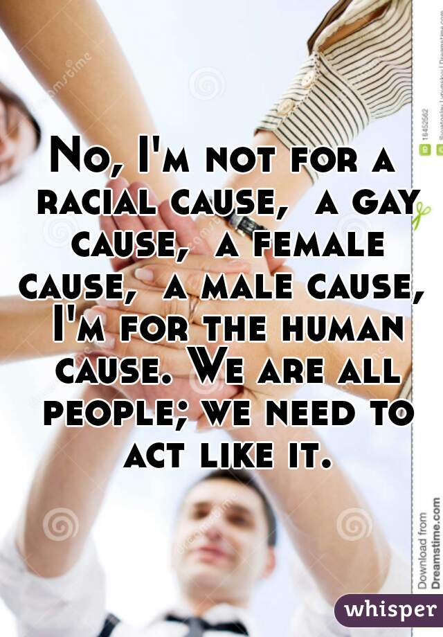 No, I'm not for a racial cause,  a gay cause,  a female cause,  a male cause,  I'm for the human cause. We are all people; we need to act like it.
