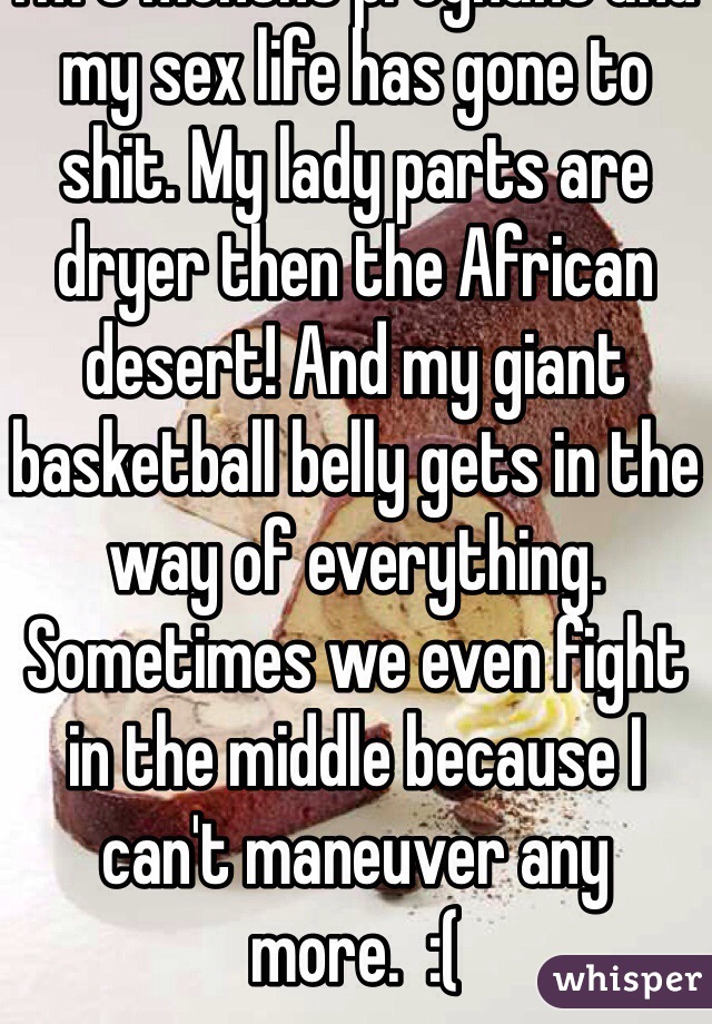 I'm 8 months pregnant and my sex life has gone to shit. My lady parts are dryer then the African desert! And my giant basketball belly gets in the way of everything. Sometimes we even fight in the middle because I can't maneuver any more.  :(