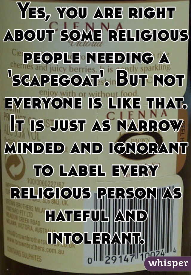 Yes, you are right about some religious people needing a 'scapegoat'. But not everyone is like that. It is just as narrow minded and ignorant to label every religious person as hateful and intolerant. 