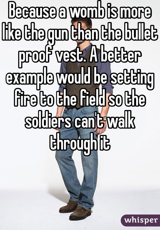 Because a womb is more like the gun than the bullet proof vest. A better example would be setting fire to the field so the soldiers can't walk through it