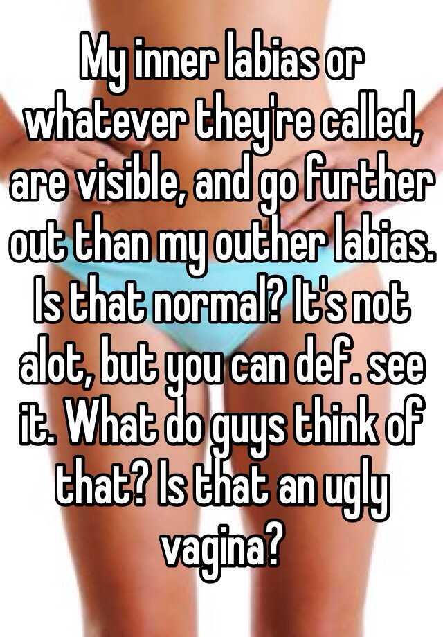 My inner labias or whatever they're called, are visible, and go further out than my outher labias. Is that normal? It's not alot, but you can def. see it. What do guys think of that? Is that an ugly vagina?