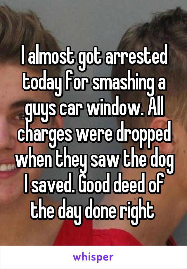 I almost got arrested today for smashing a guys car window. All charges were dropped when they saw the dog I saved. Good deed of the day done right 