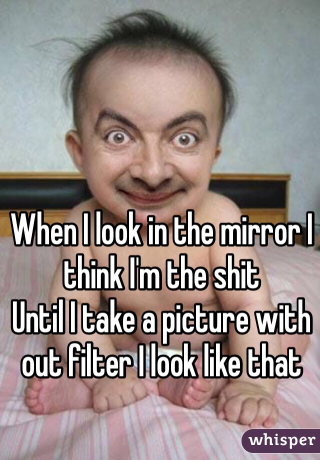 When I look in the mirror I think I'm the shit 
Until I take a picture with out filter I look like that 
