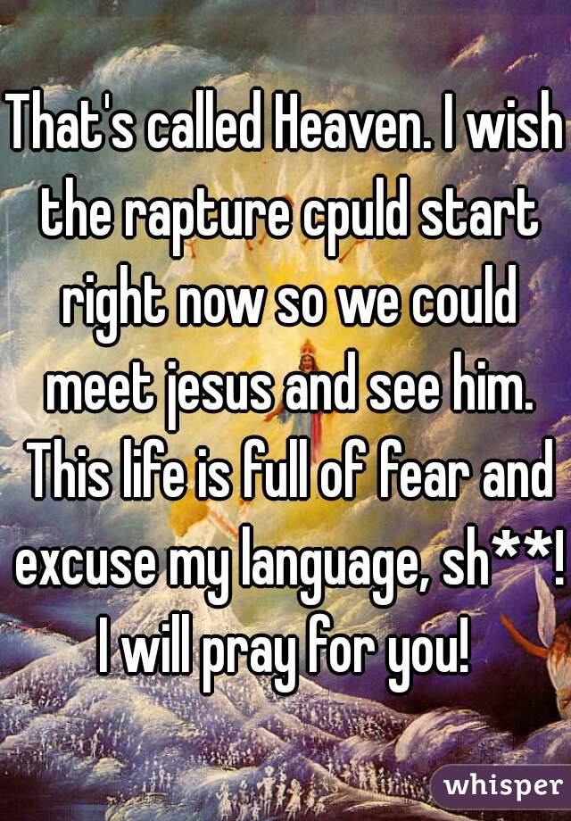 That's called Heaven. I wish the rapture cpuld start right now so we could meet jesus and see him. This life is full of fear and excuse my language, sh**! I will pray for you! 
