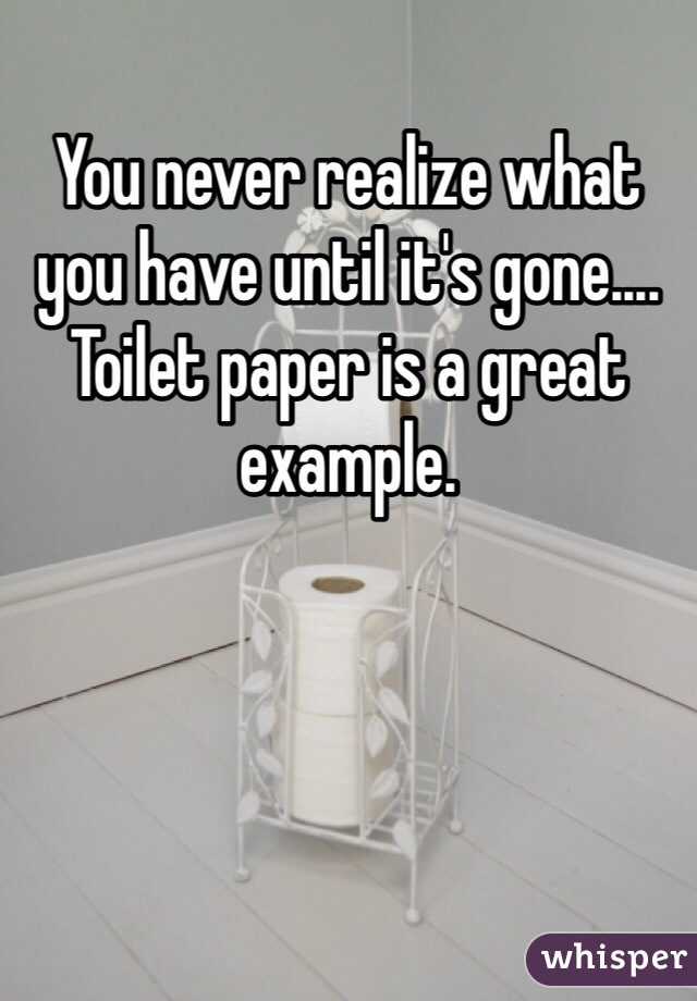 You never realize what you have until it's gone.... Toilet paper is a great example. 