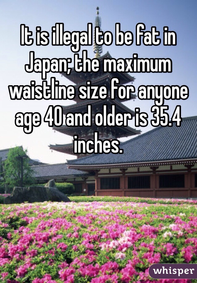 It is illegal to be fat in Japan; the maximum waistline size for anyone age 40 and older is 35.4 inches.