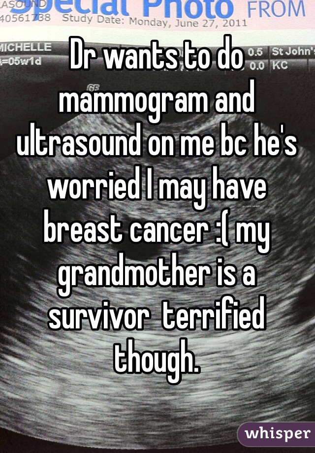 Dr wants to do mammogram and ultrasound on me bc he's worried I may have breast cancer :( my grandmother is a survivor  terrified though.