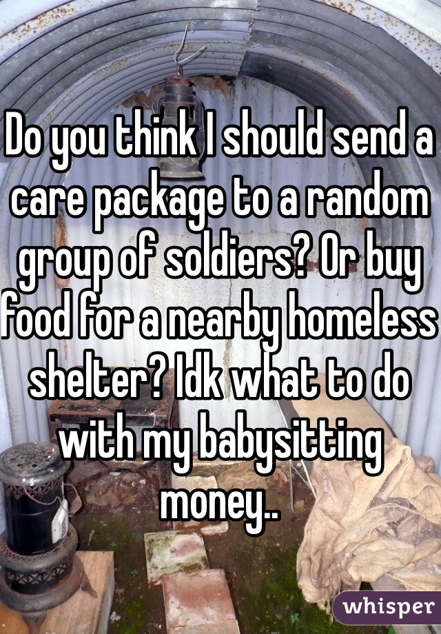 Do you think I should send a care package to a random group of soldiers? Or buy food for a nearby homeless shelter? Idk what to do with my babysitting money..