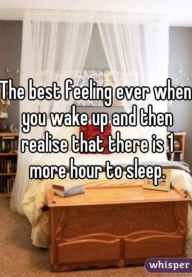 The best feeling ever when you wake up and then realise that there is 1 more hour to sleep.