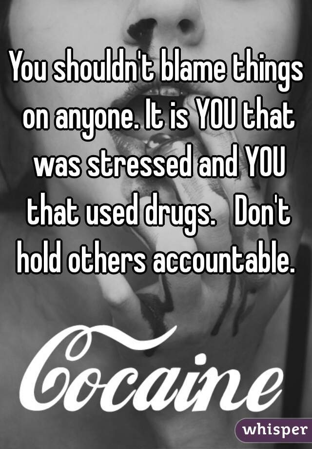 You shouldn't blame things on anyone. It is YOU that was stressed and YOU that used drugs.   Don't hold others accountable. 