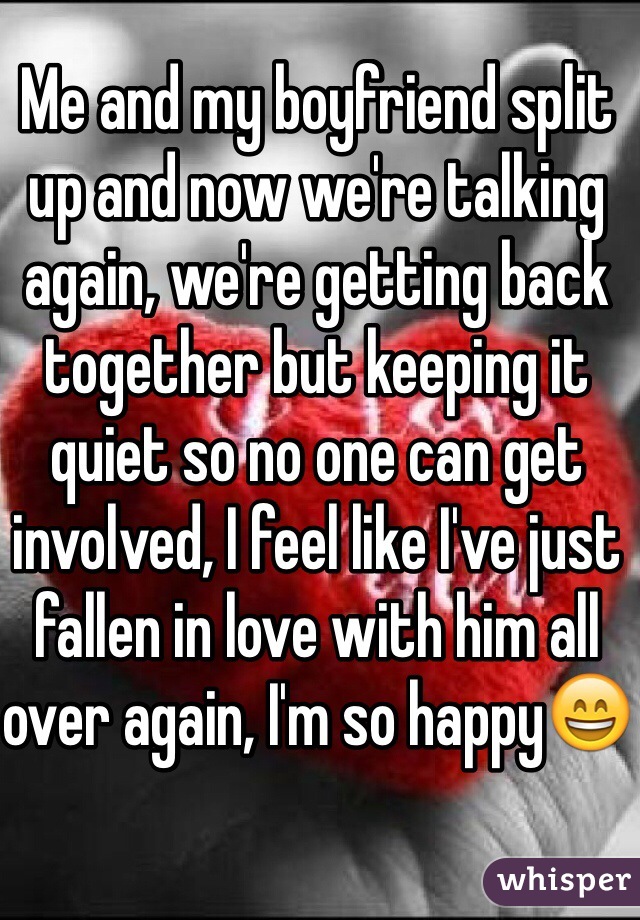 Me and my boyfriend split up and now we're talking again, we're getting back together but keeping it quiet so no one can get involved, I feel like I've just fallen in love with him all over again, I'm so happy😄