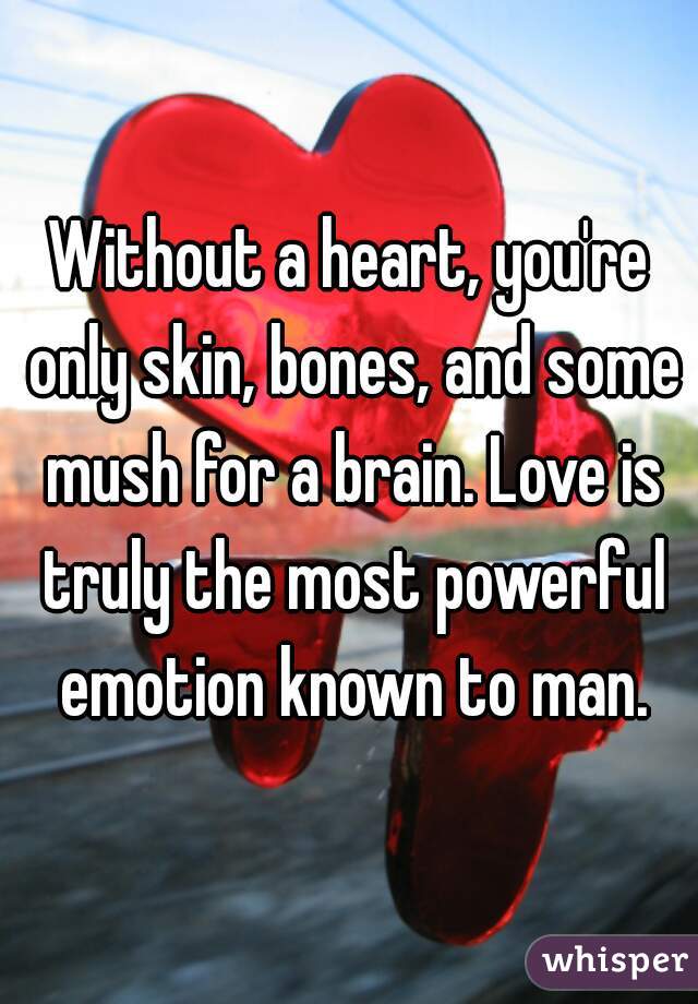 Without a heart, you're only skin, bones, and some mush for a brain. Love is truly the most powerful emotion known to man.
