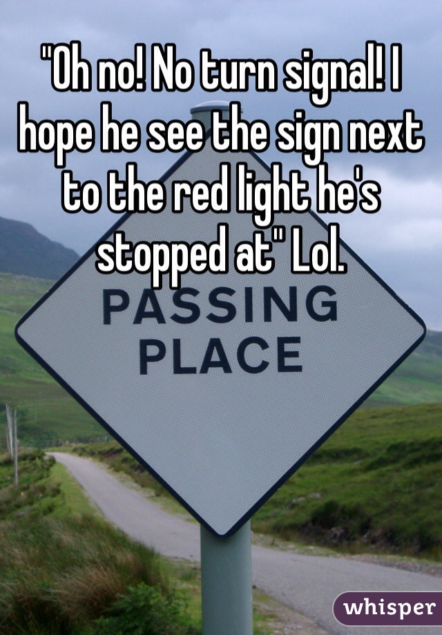 "Oh no! No turn signal! I hope he see the sign next to the red light he's stopped at" Lol. 