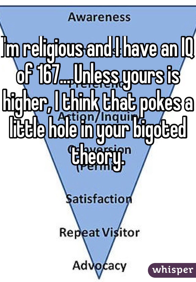 I'm religious and I have an IQ of 167... Unless yours is higher, I think that pokes a little hole in your bigoted theory. 