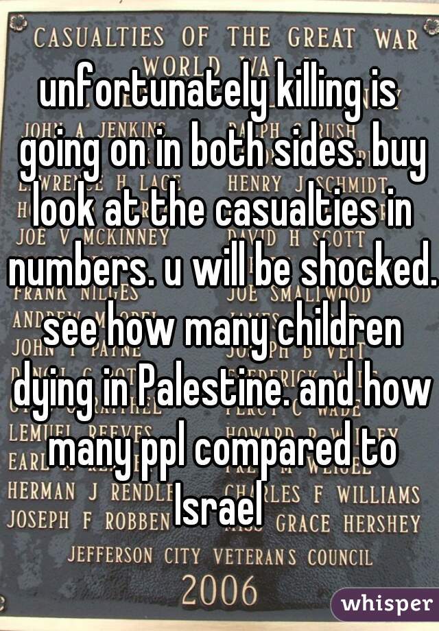 unfortunately killing is going on in both sides. buy look at the casualties in numbers. u will be shocked. see how many children dying in Palestine. and how many ppl compared to Israel 