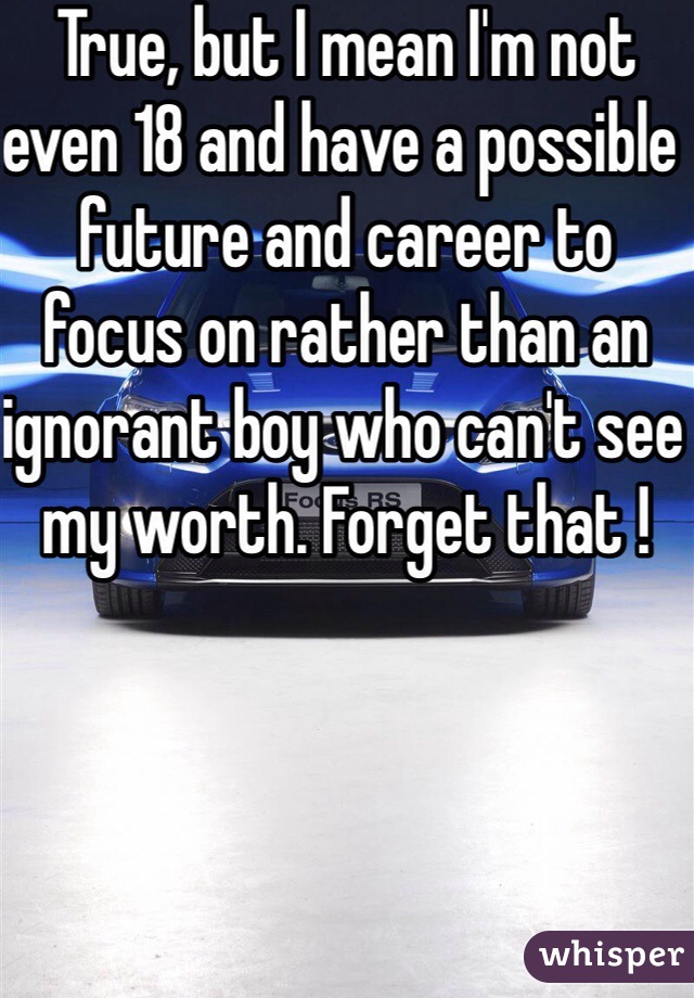 True, but I mean I'm not even 18 and have a possible future and career to focus on rather than an ignorant boy who can't see my worth. Forget that ! 