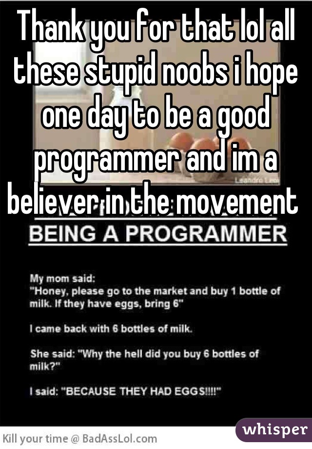 Thank you for that lol all these stupid noobs i hope one day to be a good programmer and im a believer in the movement 