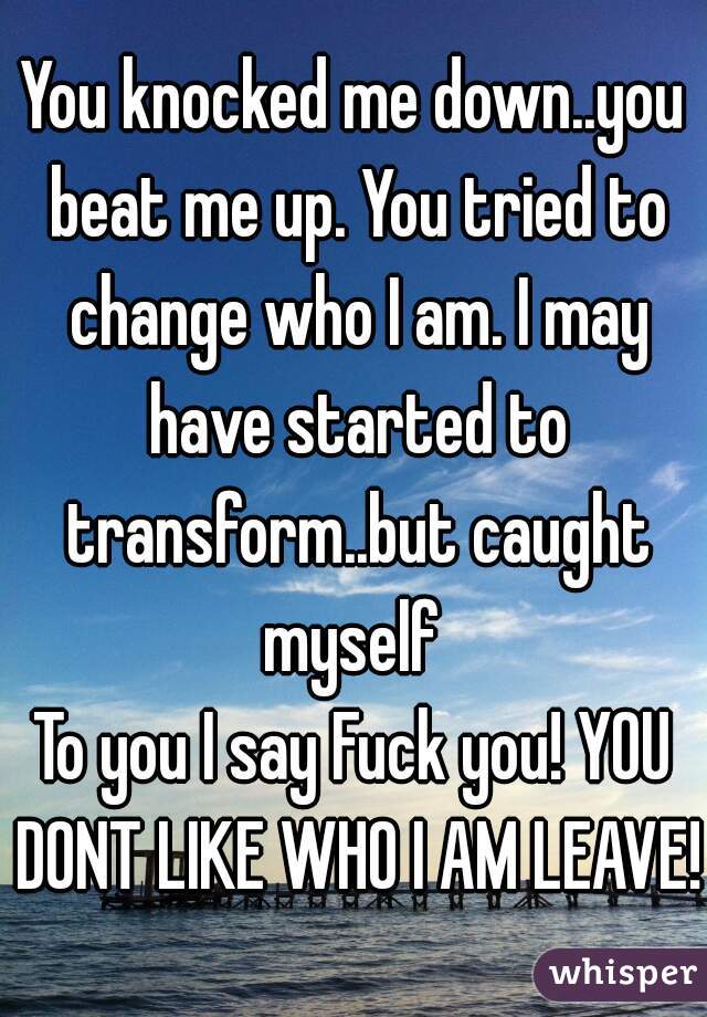 You knocked me down..you beat me up. You tried to change who I am. I may have started to transform..but caught myself 

To you I say Fuck you! YOU DONT LIKE WHO I AM LEAVE!!