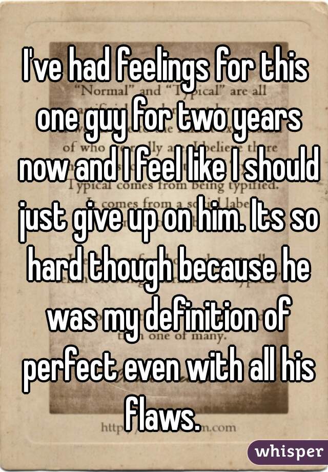 I've had feelings for this one guy for two years now and I feel like I should just give up on him. Its so hard though because he was my definition of perfect even with all his flaws.  