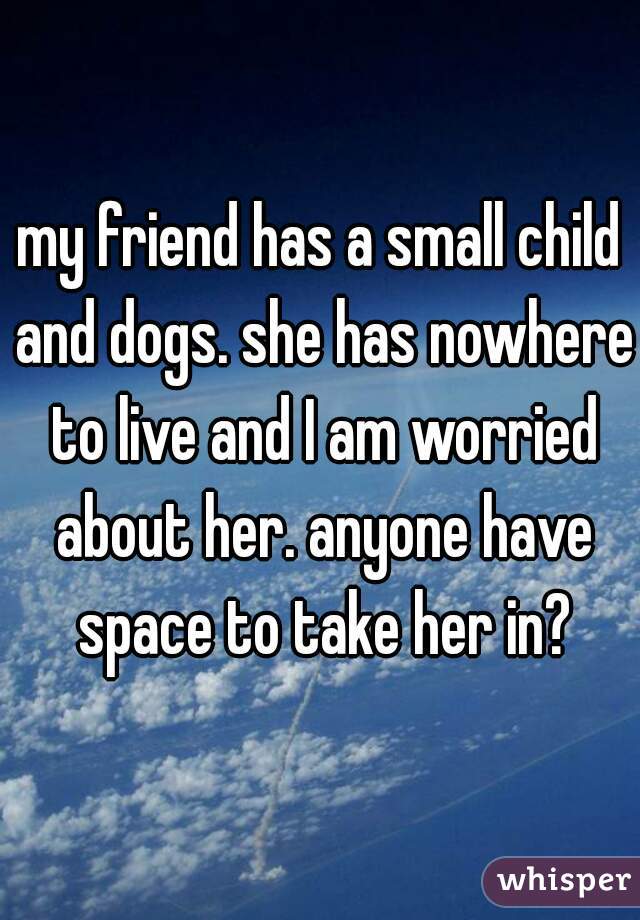 my friend has a small child and dogs. she has nowhere to live and I am worried about her. anyone have space to take her in?