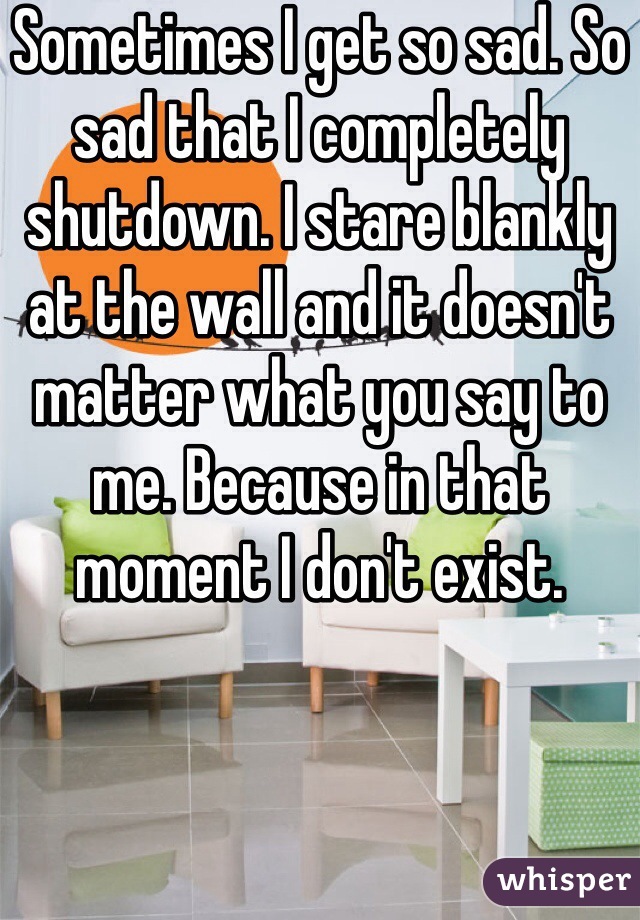 Sometimes I get so sad. So sad that I completely shutdown. I stare blankly at the wall and it doesn't matter what you say to me. Because in that moment I don't exist.