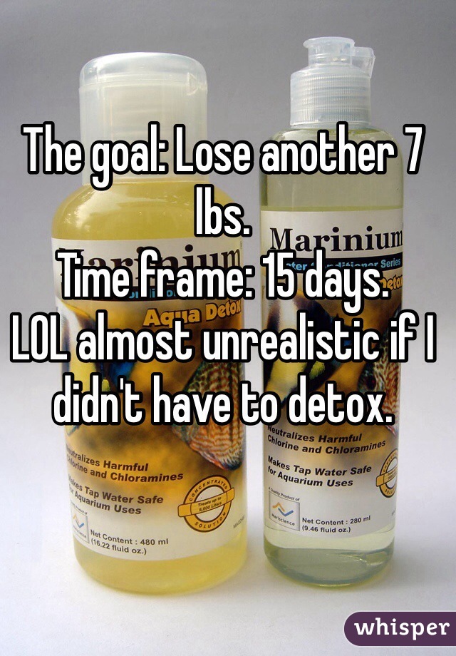 The goal: Lose another 7 lbs. 
Time frame: 15 days. 
LOL almost unrealistic if I didn't have to detox. 