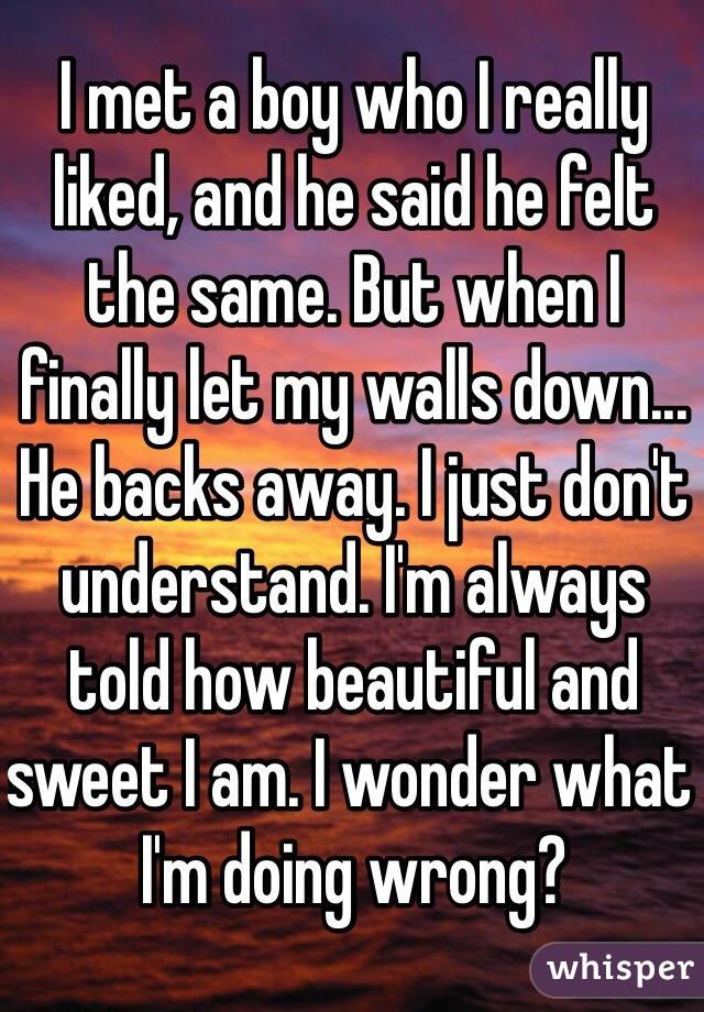 I met a boy who I really liked, and he said he felt the same. But when I finally let my walls down... He backs away. I just don't understand. I'm always told how beautiful and sweet I am. I wonder what I'm doing wrong?