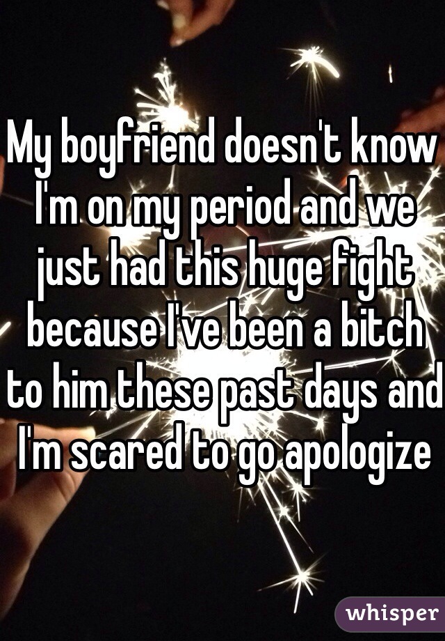 My boyfriend doesn't know I'm on my period and we just had this huge fight because I've been a bitch to him these past days and I'm scared to go apologize 