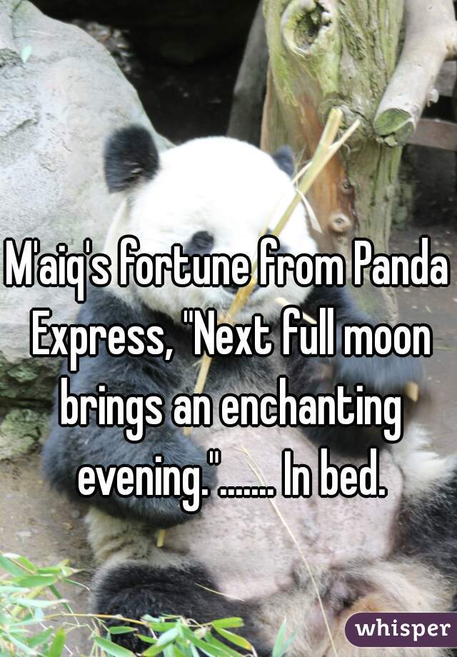 M'aiq's fortune from Panda Express, "Next full moon brings an enchanting evening."....... In bed.