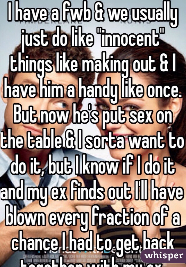 I have a fwb & we usually just do like "innocent" things like making out & I have him a handy like once. But now he's put sex on the table & I sorta want to do it, but I know if I do it and my ex finds out I'll have blown every fraction of a chance I had to get back together with my ex.
