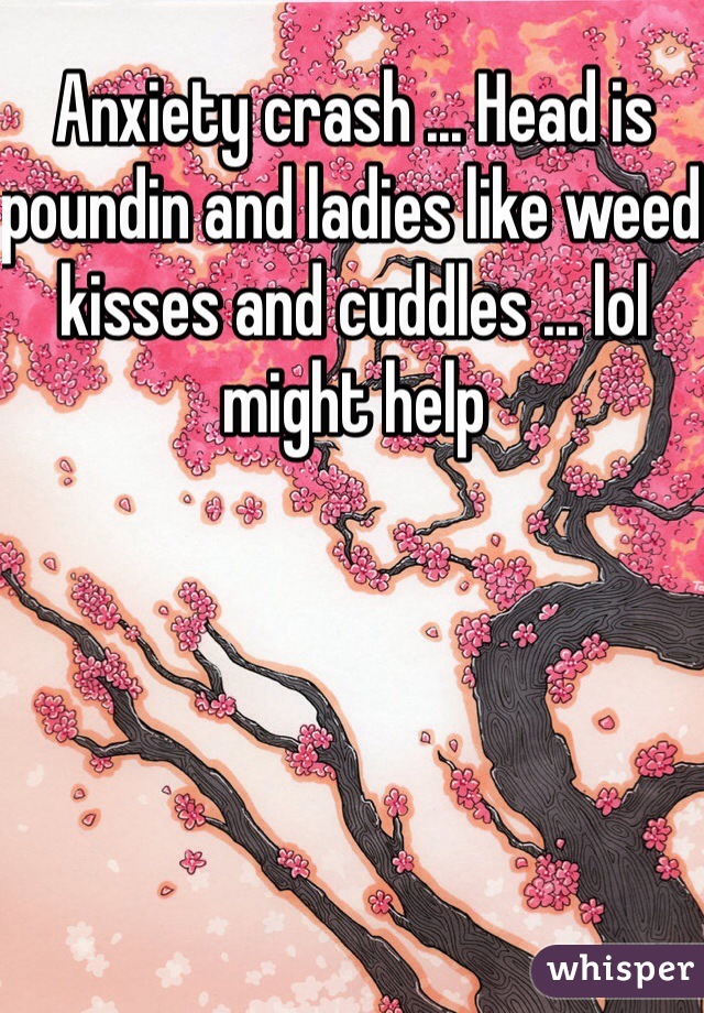 Anxiety crash ... Head is poundin and ladies like weed kisses and cuddles ... lol might help