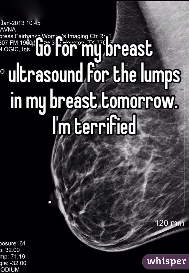 Go for my breast ultrasound for the lumps in my breast tomorrow. 
I'm terrified 