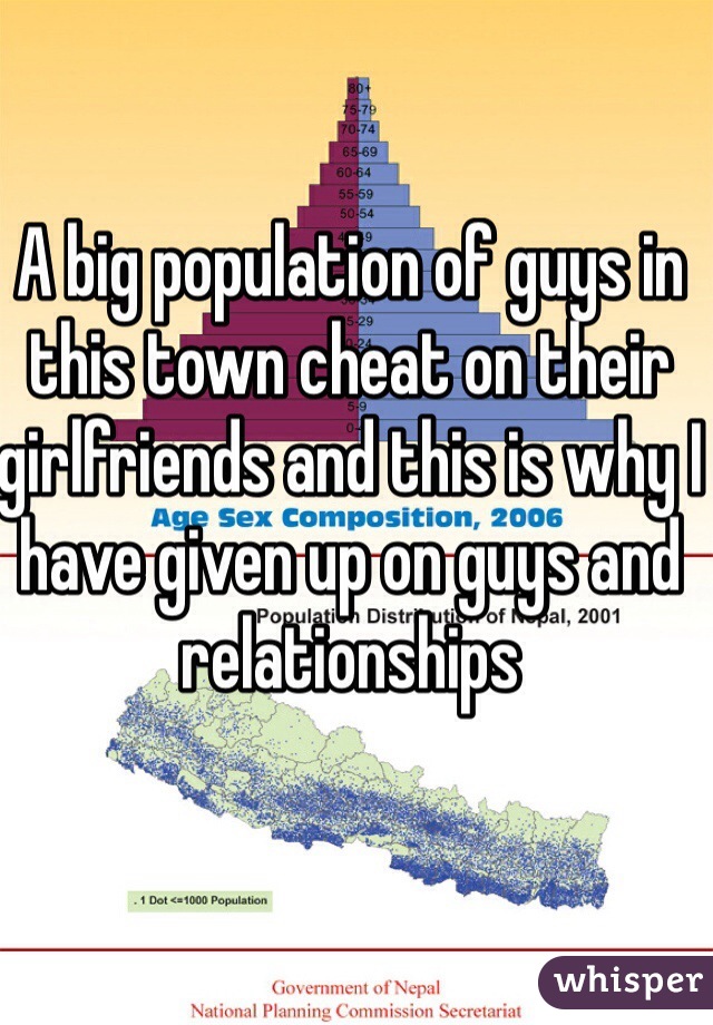 A big population of guys in this town cheat on their girlfriends and this is why I have given up on guys and relationships 