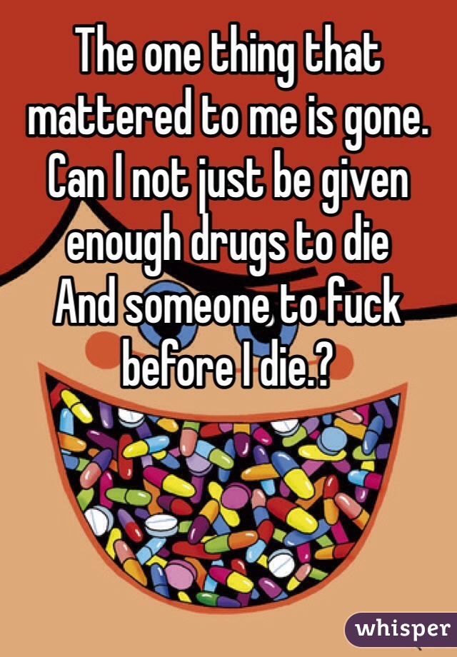 The one thing that mattered to me is gone.
Can I not just be given enough drugs to die
And someone to fuck before I die.?