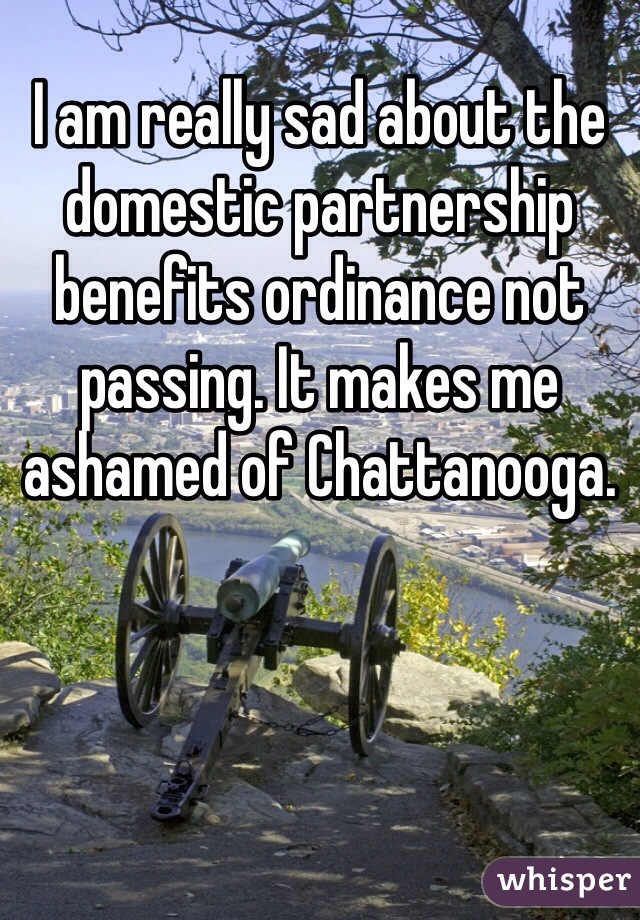 I am really sad about the domestic partnership benefits ordinance not passing. It makes me ashamed of Chattanooga. 