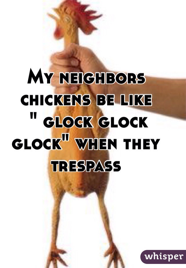 My neighbors chickens be like
 " glock glock glock" when they trespass 