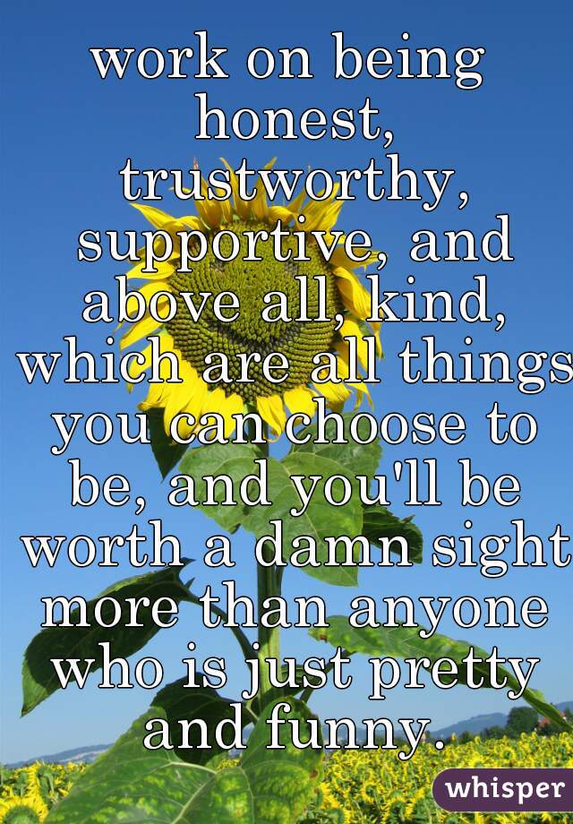work on being honest, trustworthy, supportive, and above all, kind, which are all things you can choose to be, and you'll be worth a damn sight more than anyone who is just pretty and funny.