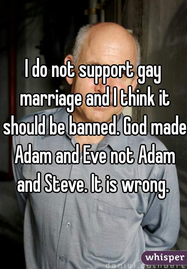 I do not support gay marriage and I think it should be banned. God made Adam and Eve not Adam and Steve. It is wrong. 