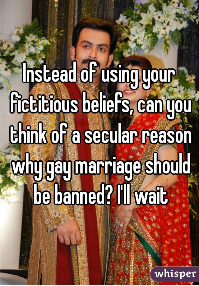 Instead of using your fictitious beliefs, can you think of a secular reason why gay marriage should be banned? I'll wait