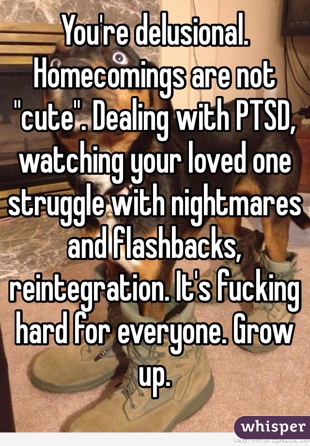 You're delusional. Homecomings are not "cute". Dealing with PTSD, watching your loved one struggle with nightmares and flashbacks, reintegration. It's fucking hard for everyone. Grow up.