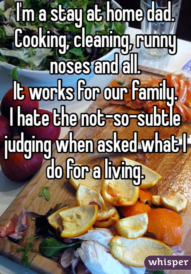I'm a stay at home dad. 
Cooking, cleaning, runny noses and all. 
It works for our family. 
I hate the not-so-subtle judging when asked what I do for a living. 