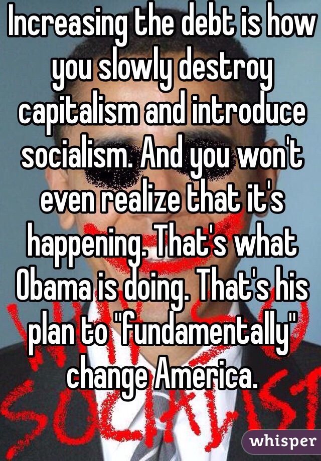 Increasing the debt is how you slowly destroy capitalism and introduce socialism. And you won't even realize that it's happening. That's what Obama is doing. That's his plan to "fundamentally" change America. 