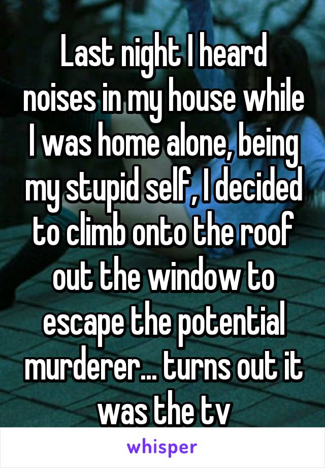 Last night I heard noises in my house while I was home alone, being my stupid self, I decided to climb onto the roof out the window to escape the potential murderer... turns out it was the tv
