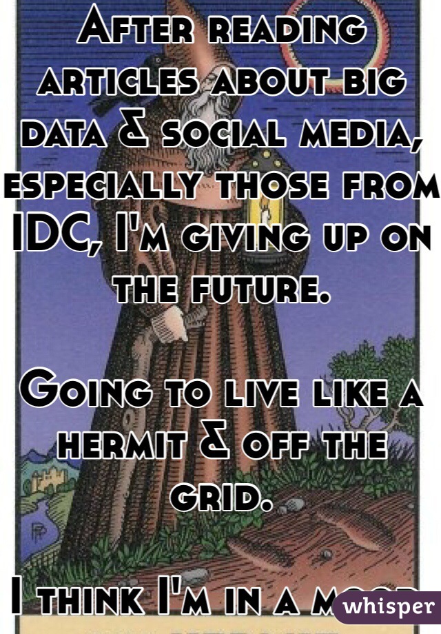 After reading articles about big data & social media, especially those from IDC, I'm giving up on the future.

Going to live like a hermit & off the grid. 

I think I'm in a mood.