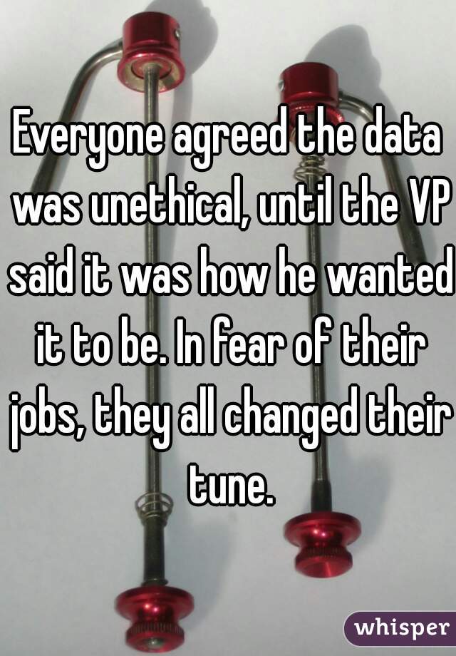 Everyone agreed the data was unethical, until the VP said it was how he wanted it to be. In fear of their jobs, they all changed their tune.