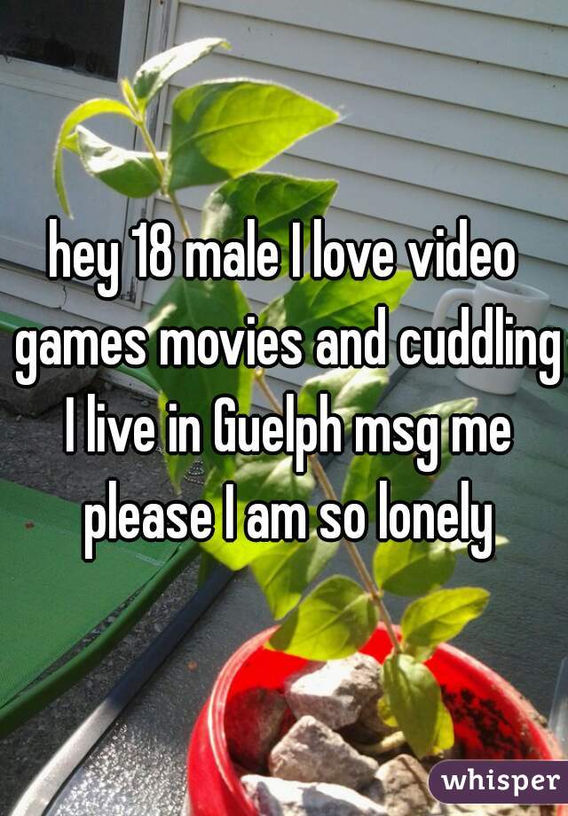 hey 18 male I love video games movies and cuddling I live in Guelph msg me please I am so lonely